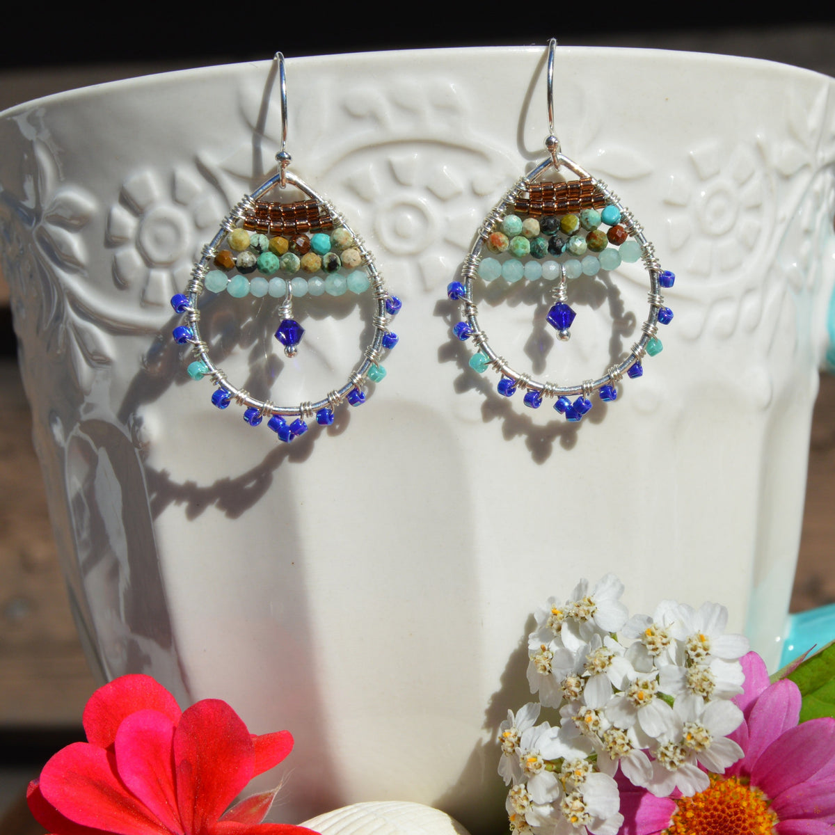 Sterling Silver Drop Earrings with gemstones and Japanese glass seed beads. Blue Lagoon.