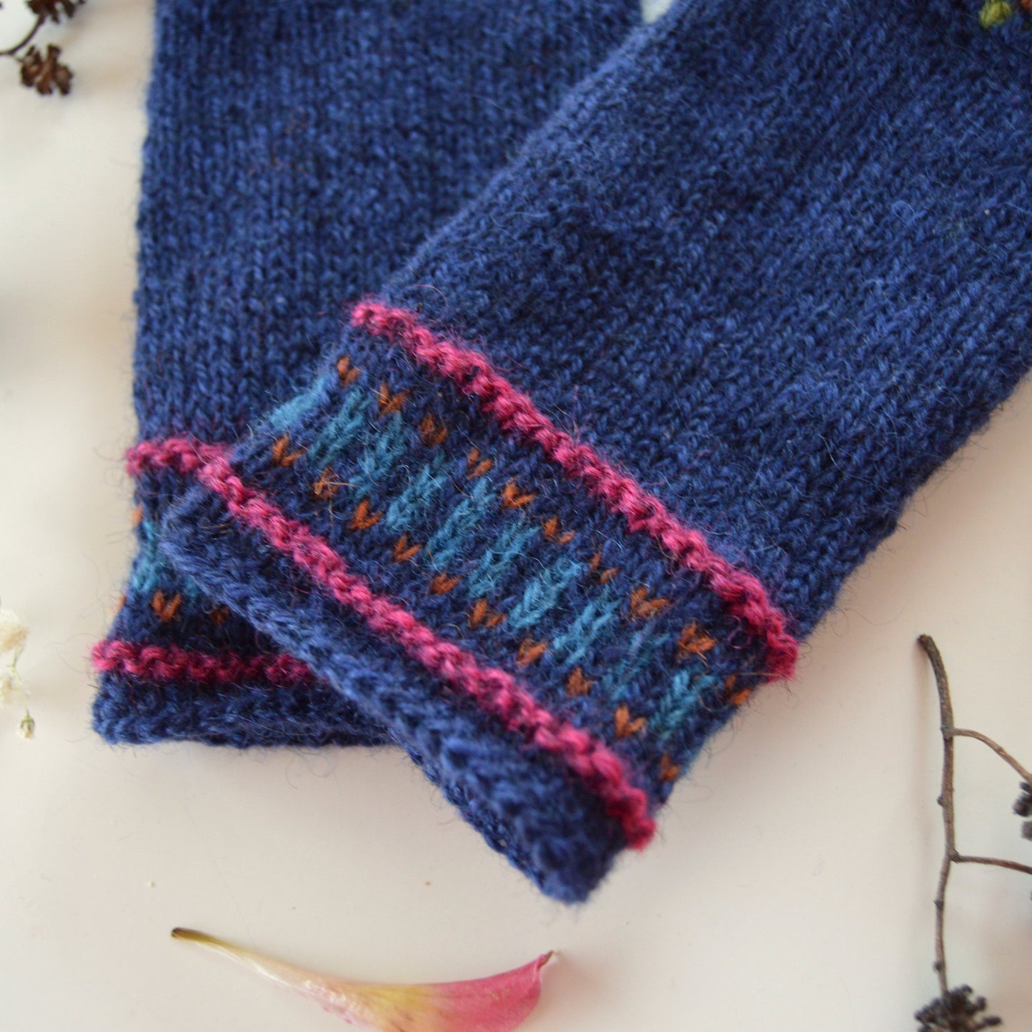 Blue Crochet Flowers pulse warmers in 100% Norwegian Wool with crochet details.