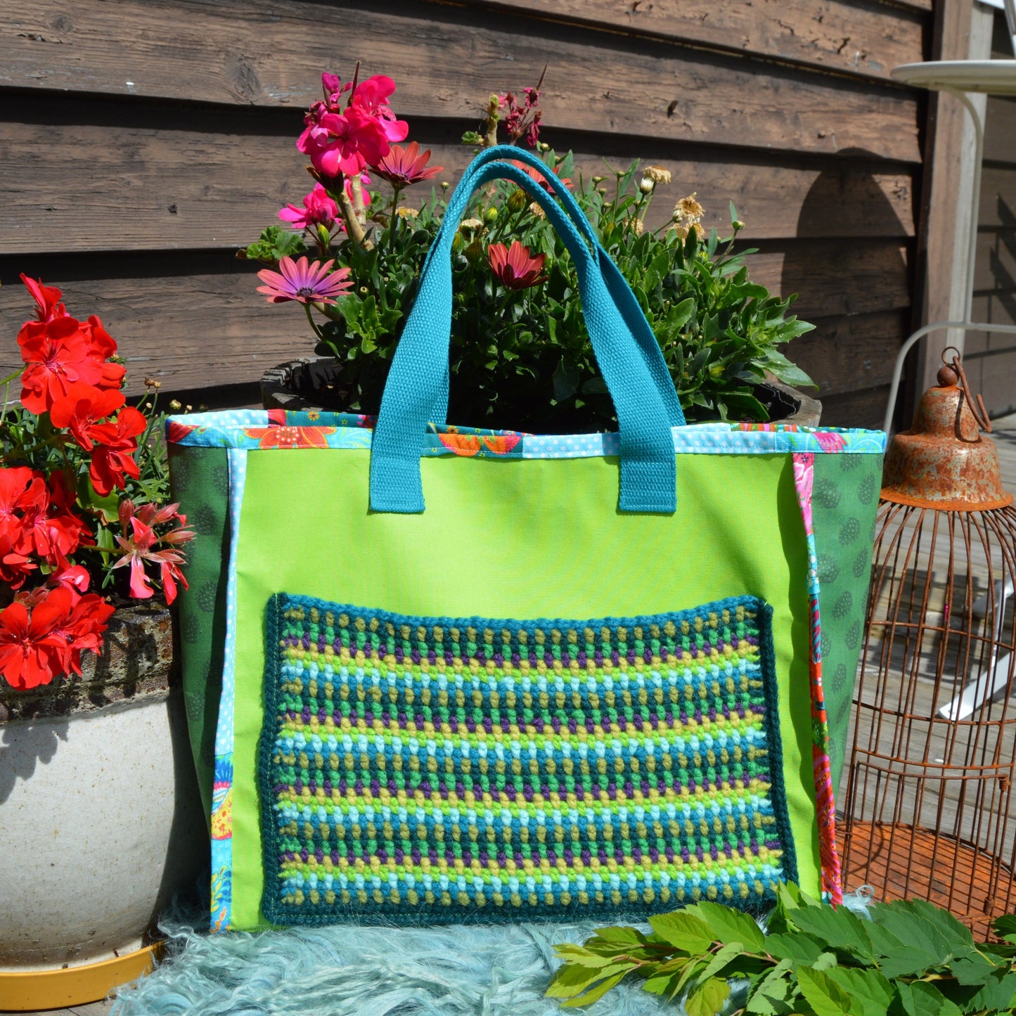 Colourful and unique tote handbag in combination of cotton and wool. One of a kind.
