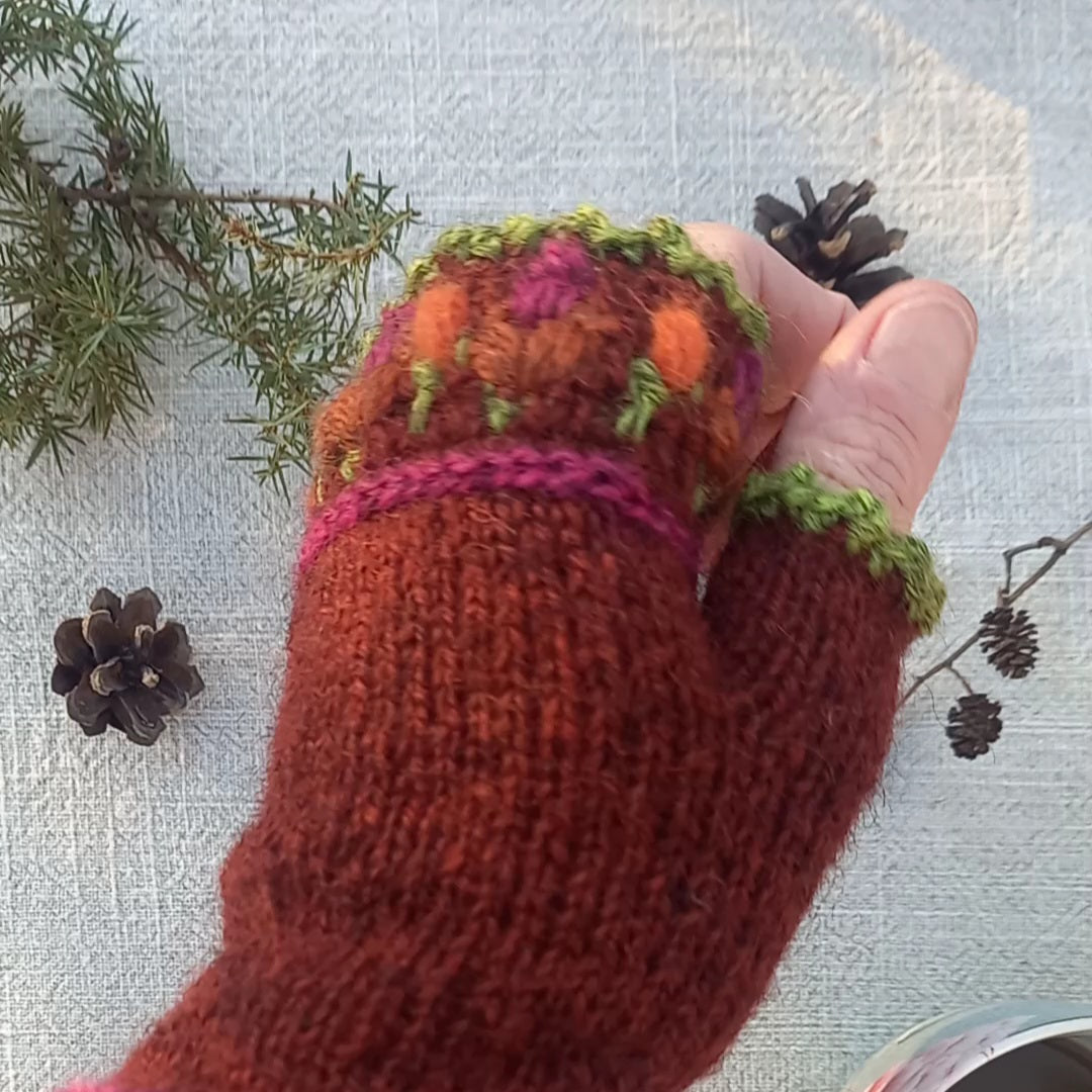 Pulse warmers in wool with a thumb.