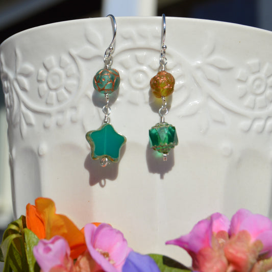 Sterling silver earrings made of Czech glass beads in green and turquoise tones.