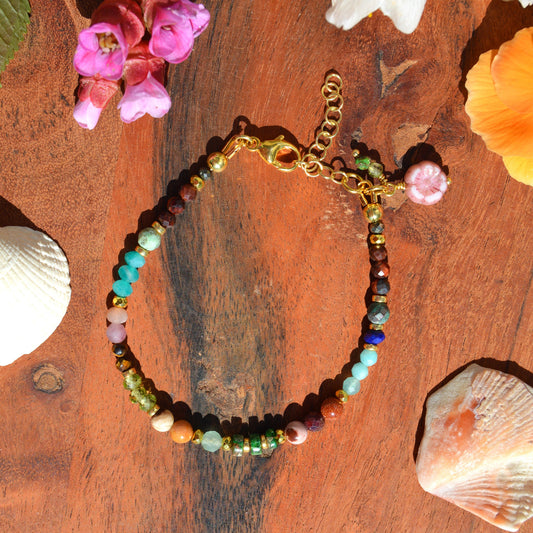 Gold-plated sterling silver bracelet made of colourful gemstones with Czech glass flower bead.
