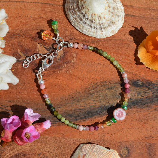 Sterling silver bracelet made of colourful gemstones with Czech glass flower beads.