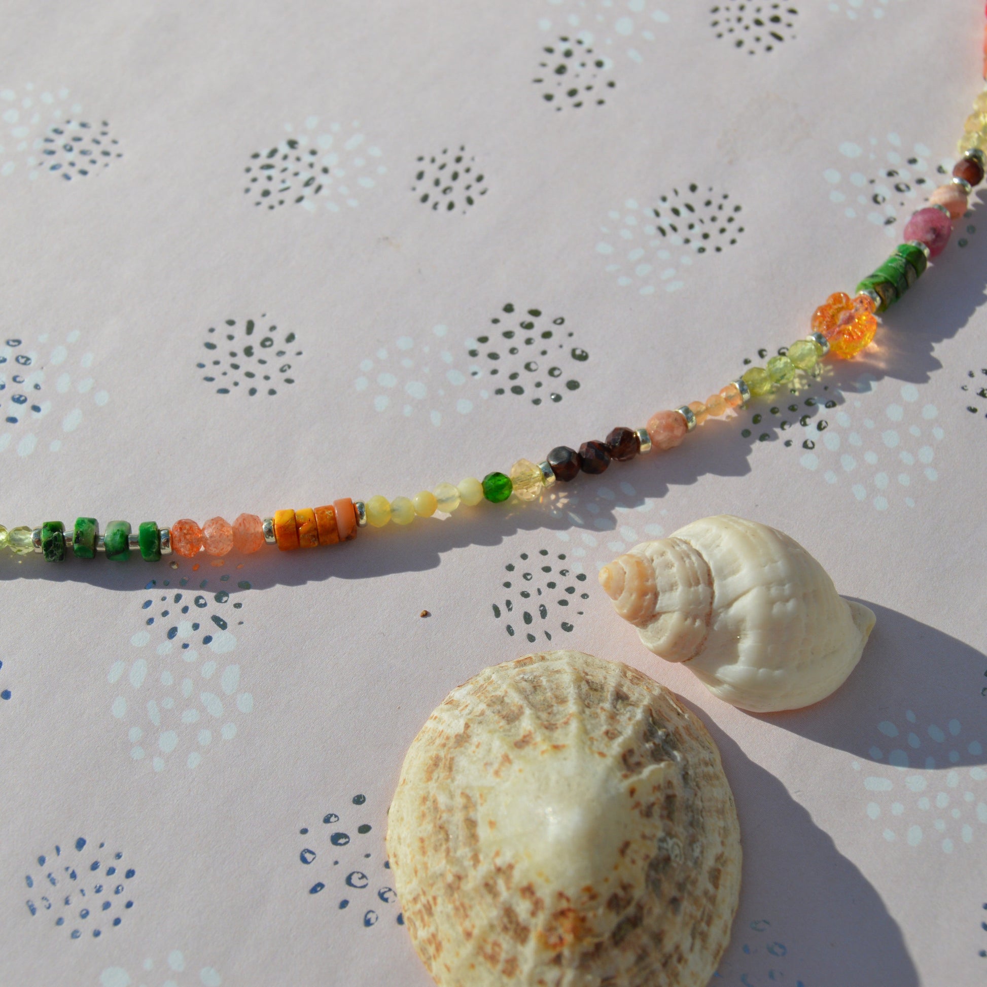 One of a kind sterling silver gemstone necklace with Blooming Cactus lampwork charm and toggle lock.