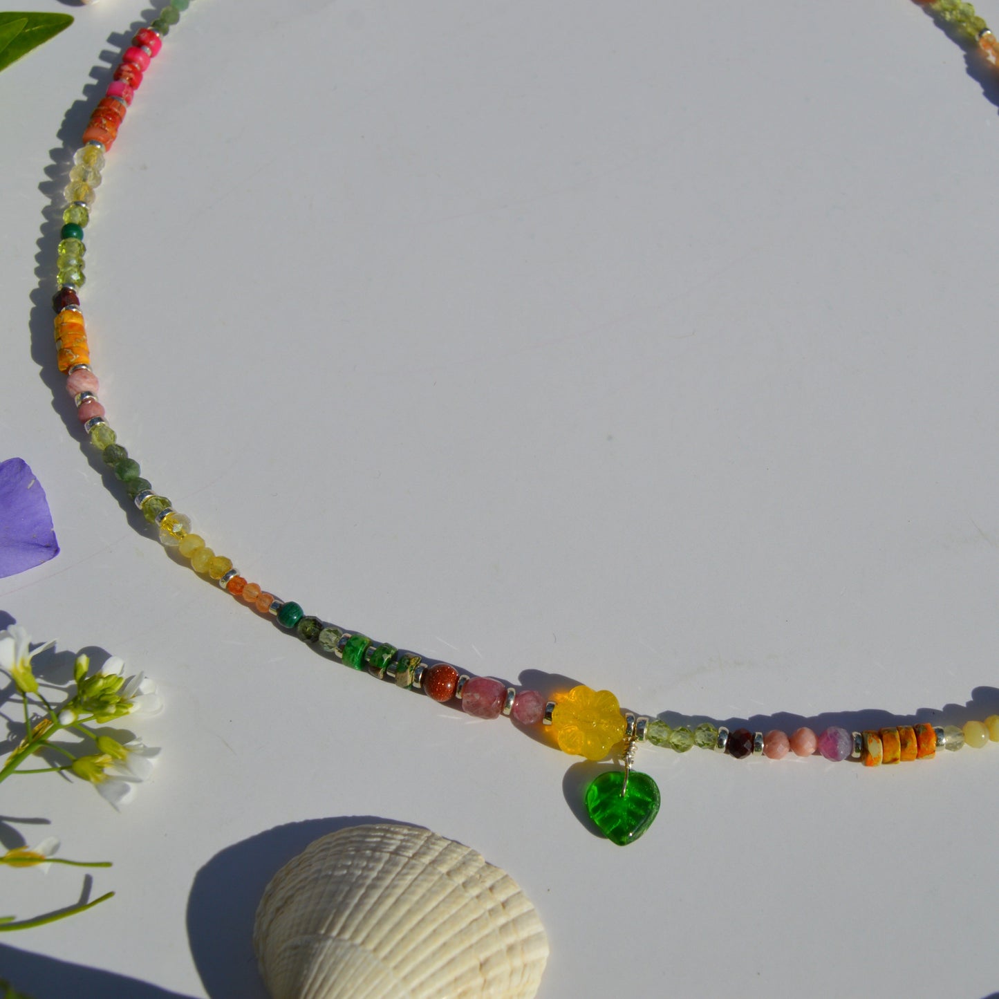 One of a kind sterling silver gemstone necklace with Blooming Cactus lampwork charm and toggle lock.