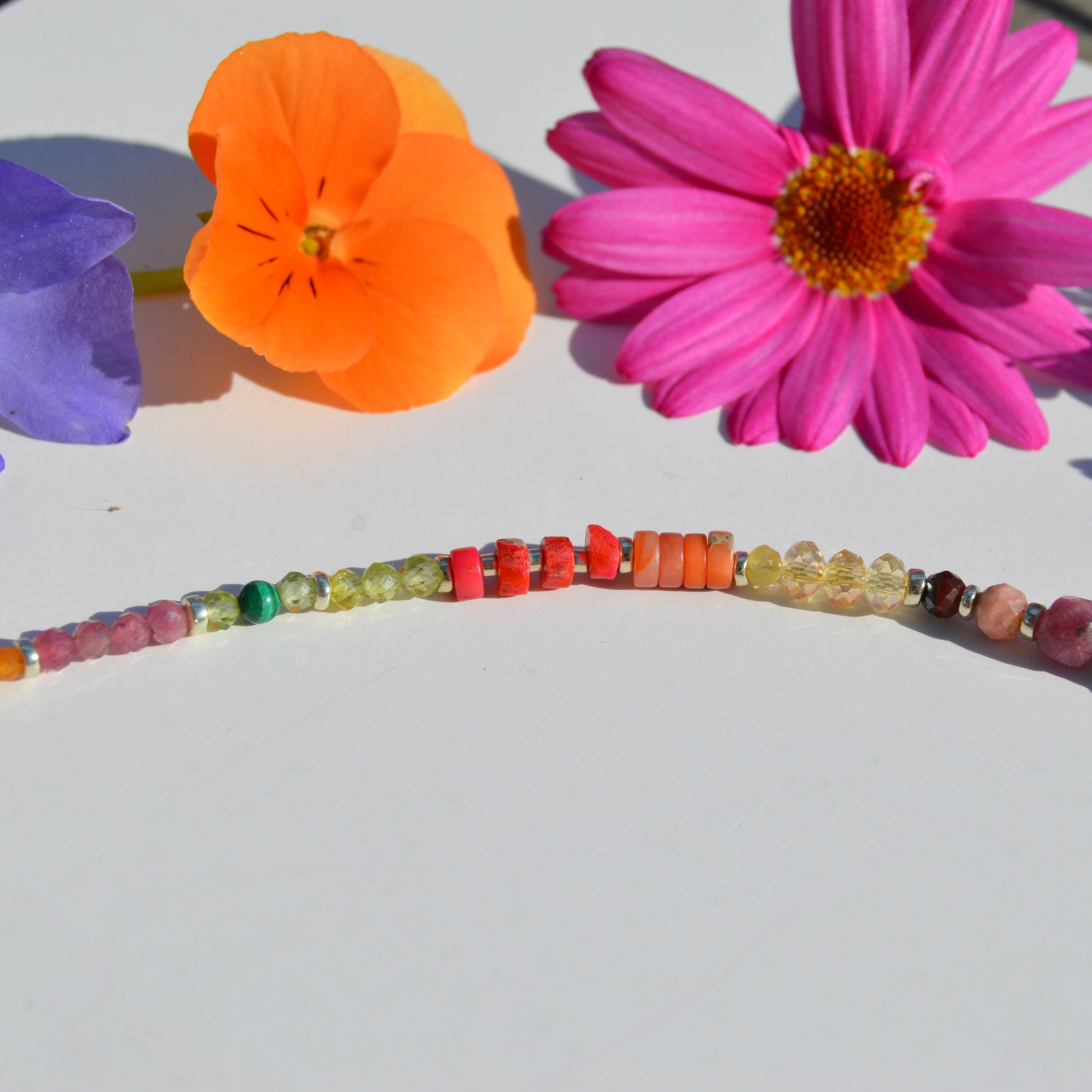 One of a kind sterling silver gemstone necklace with Blooming Cactus lampwork charm and toggle lock.