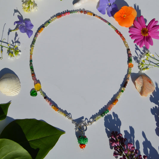 One of a kind sterling silver gemstone necklace with Blooming Cactus lampwork charm and toggle lock.