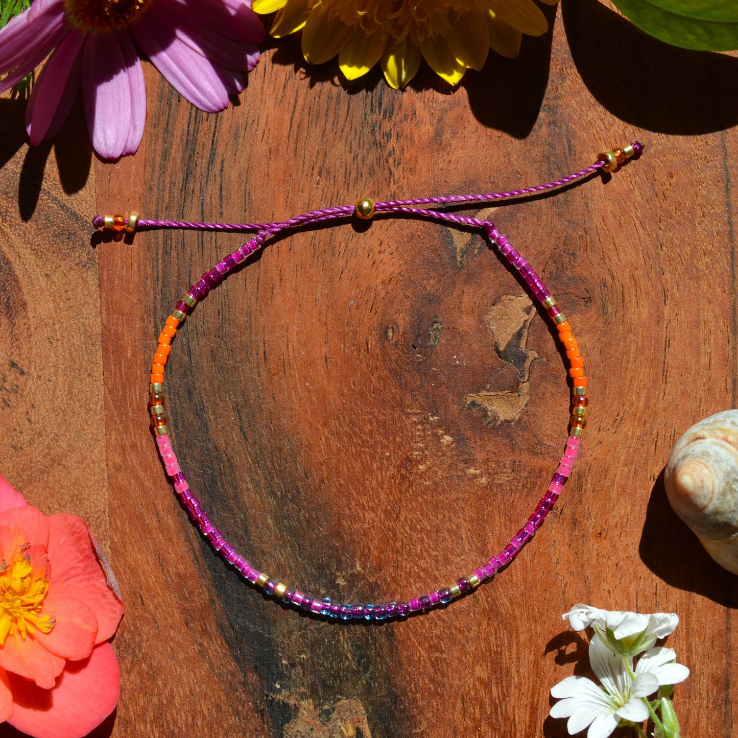 Adjustable, colourful beaded bracelet.