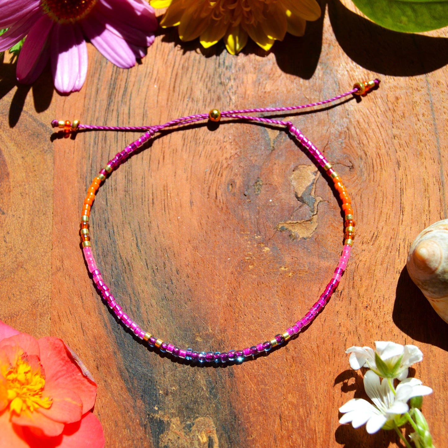Adjustable, colourful beaded bracelet.