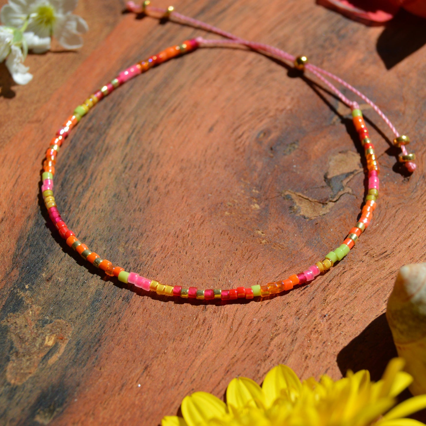 Adjustable, colourful beaded bracelet.