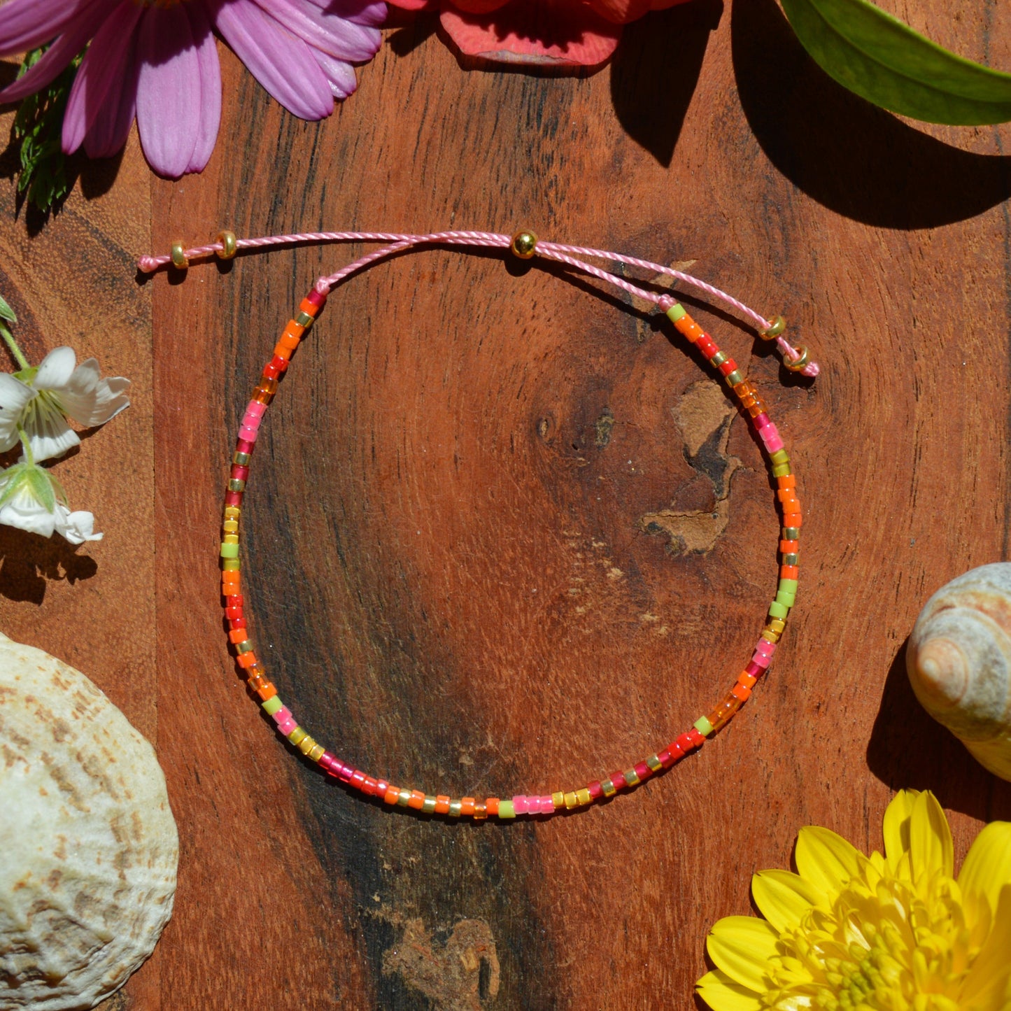 Adjustable, colourful beaded bracelet.