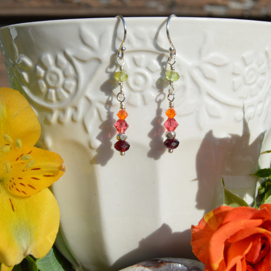 Sterling silver earrings with Czech glass bicones and gemstones.
