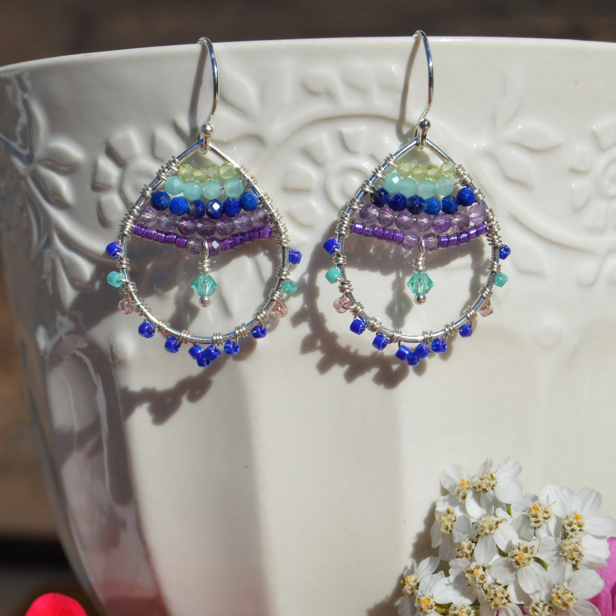 Wire wrap drop earrings with gemstones and Japanese seed beads.