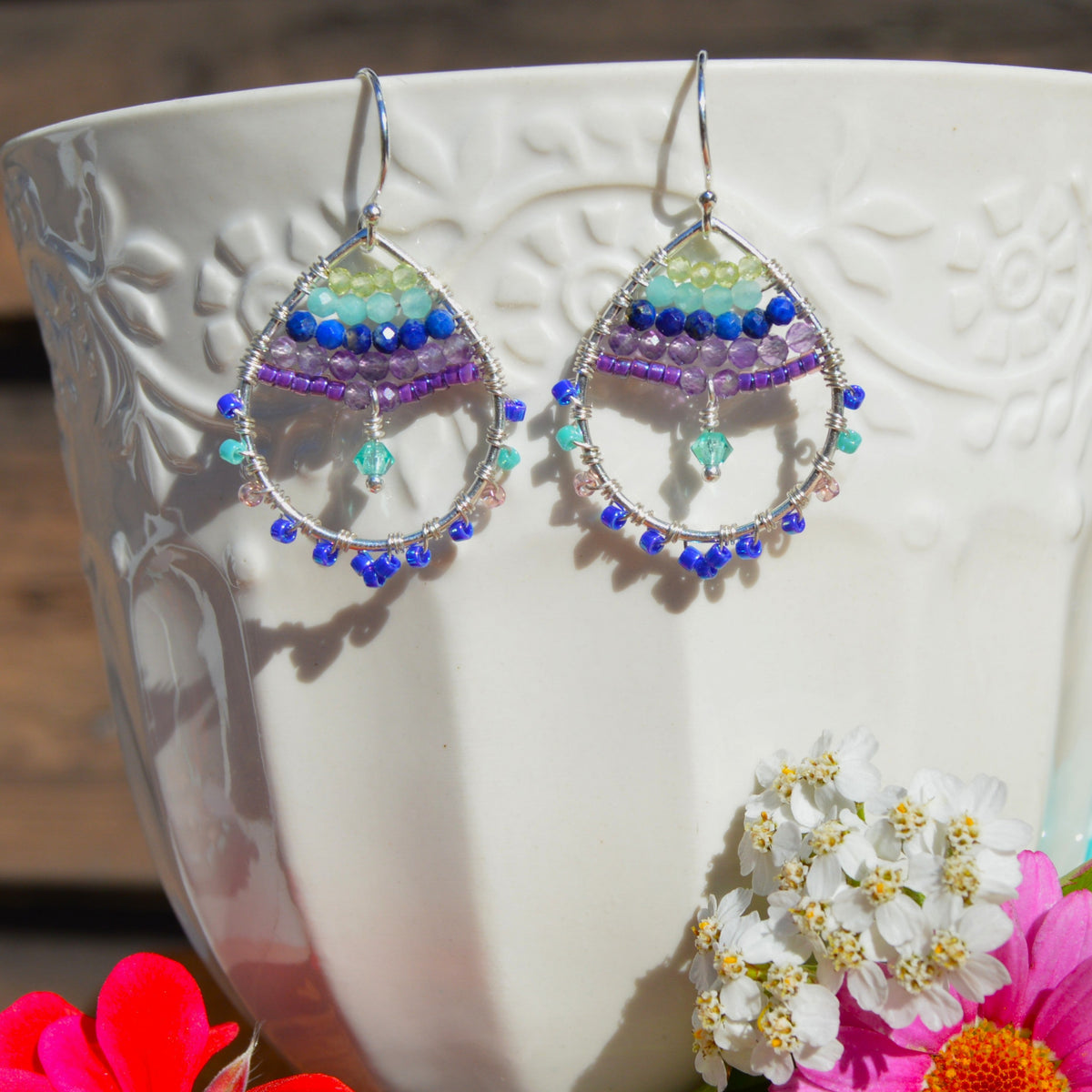 Sterling Silver Drop Earrings with gemstones and Japanese glass seed beads. Violet & Blue.