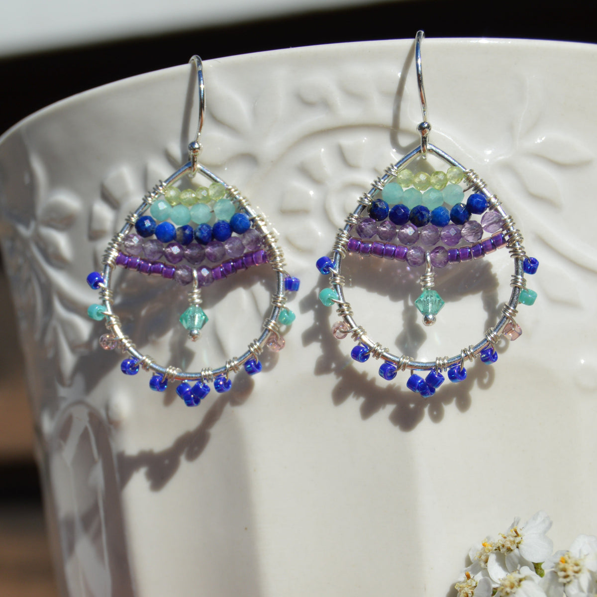 Sterling Silver Drop Earrings with gemstones and Japanese glass seed beads. Violet & blue.