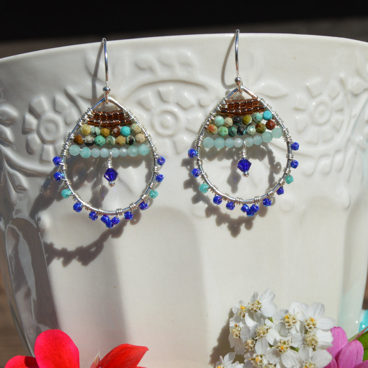 Sterling Silver Drop Earrings with gemstones and Japanese glass seed beads. Blue Lagoon.