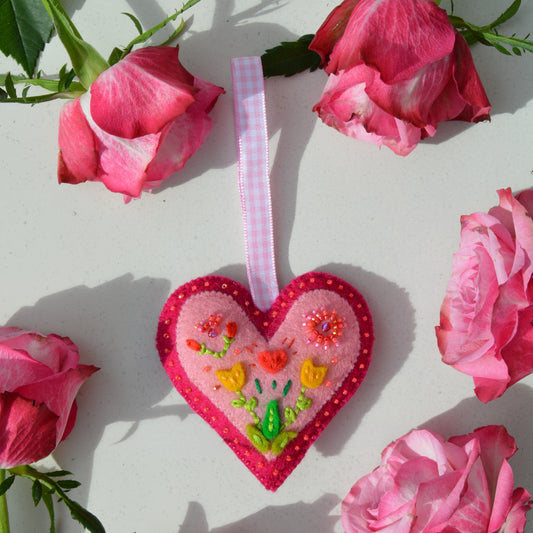Embroidered Wool Folklore Heart with flower motif, decorated with glass seed beads.