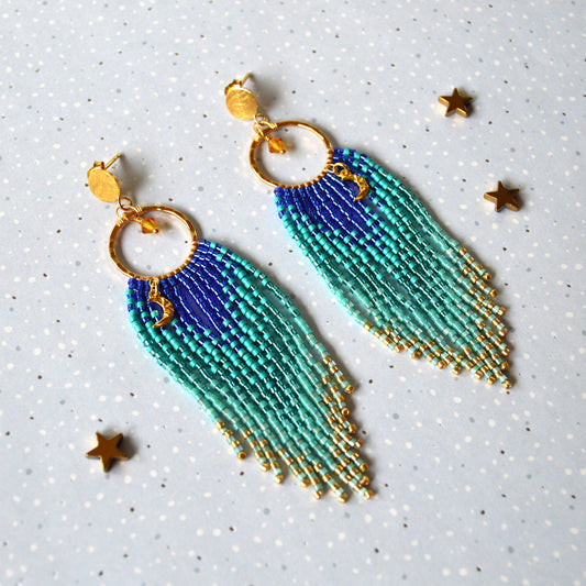 Woven fringe earrings Night sky in blue and turquoise tones and moon charm in gold-plated sterling silver.