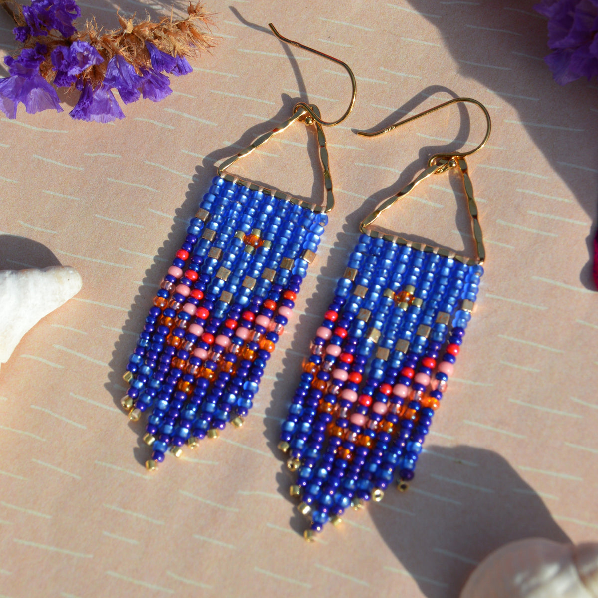 Small Woven Fringe Earrings Blue Butterfly made of Czech and Japanese seed beads.