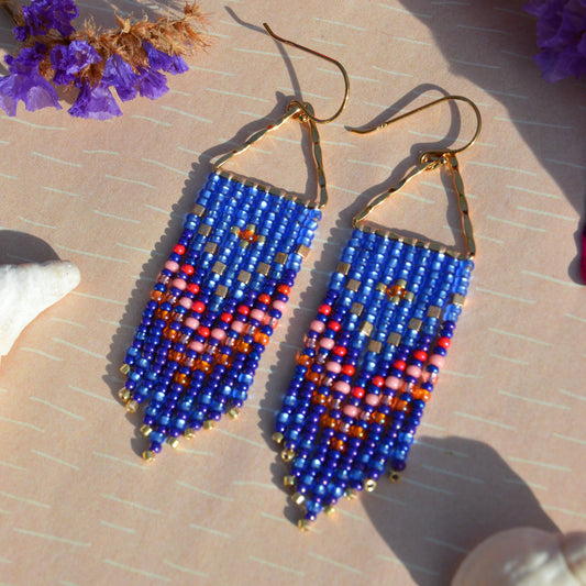 Small Woven Fringe Earrings Blue Butterfly made of Czech and Japanese seed beads.