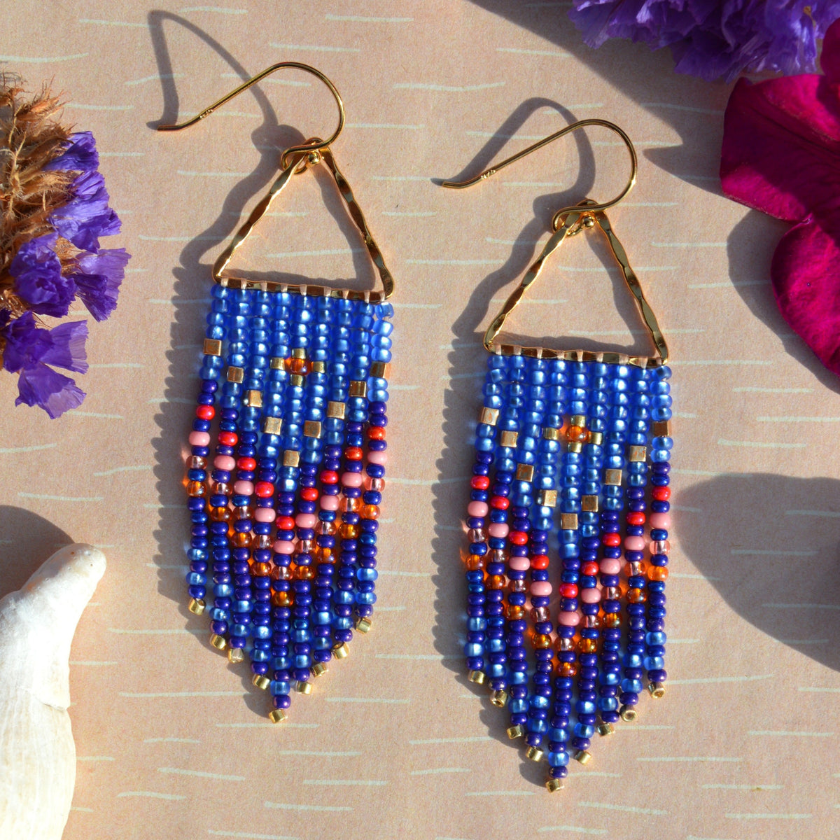 Small Woven Fringe Earrings Blue Butterfly made of Czech and Japanese seed beads on hammered gold-plated sterling silver triangles.