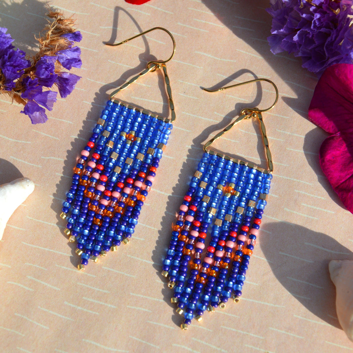 Small Woven Fringe Earrings Blue Butterfly made of Czech and Japanese seed beads combining shiny, transparent and opaque beads.