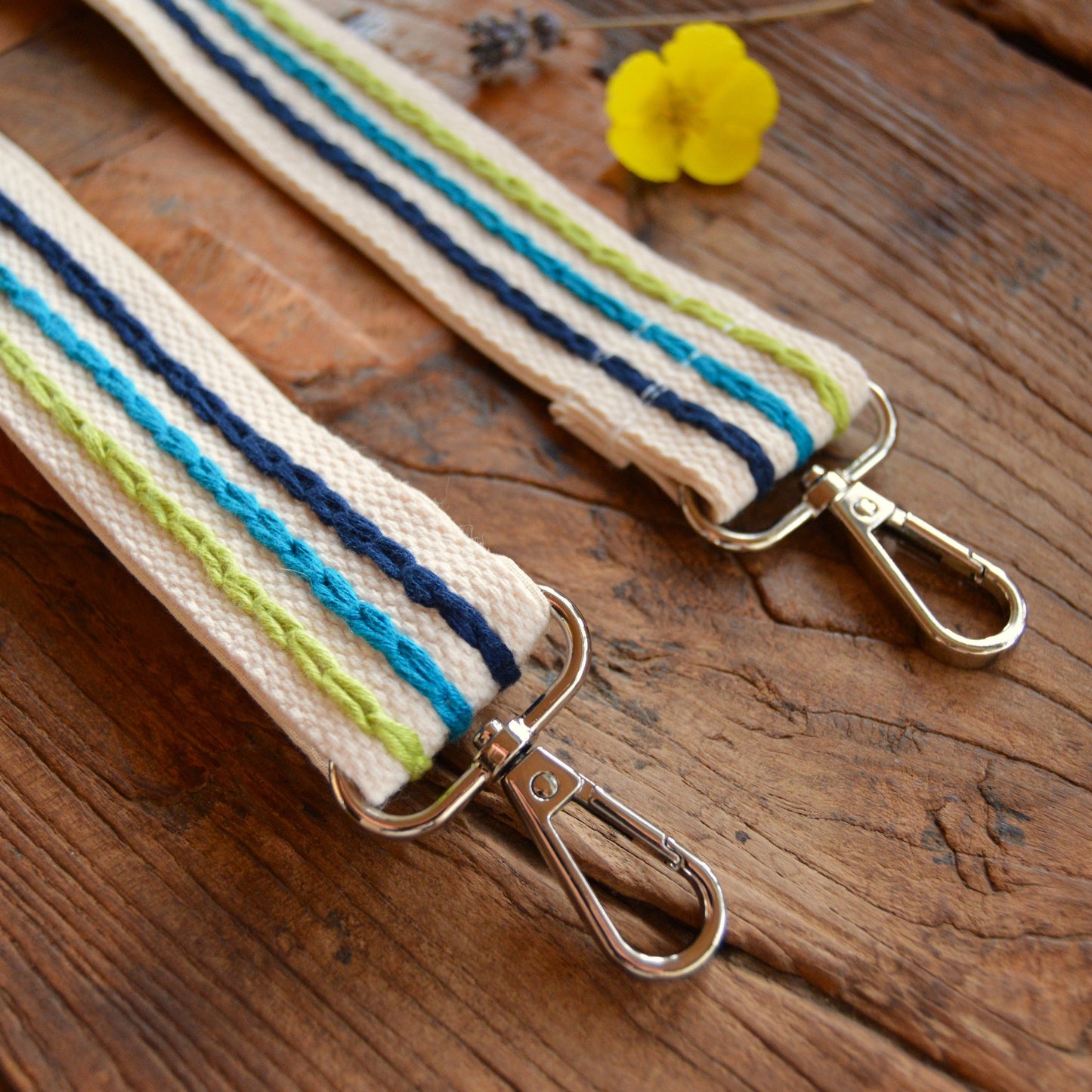 Colourful adjustable embroidery strap.