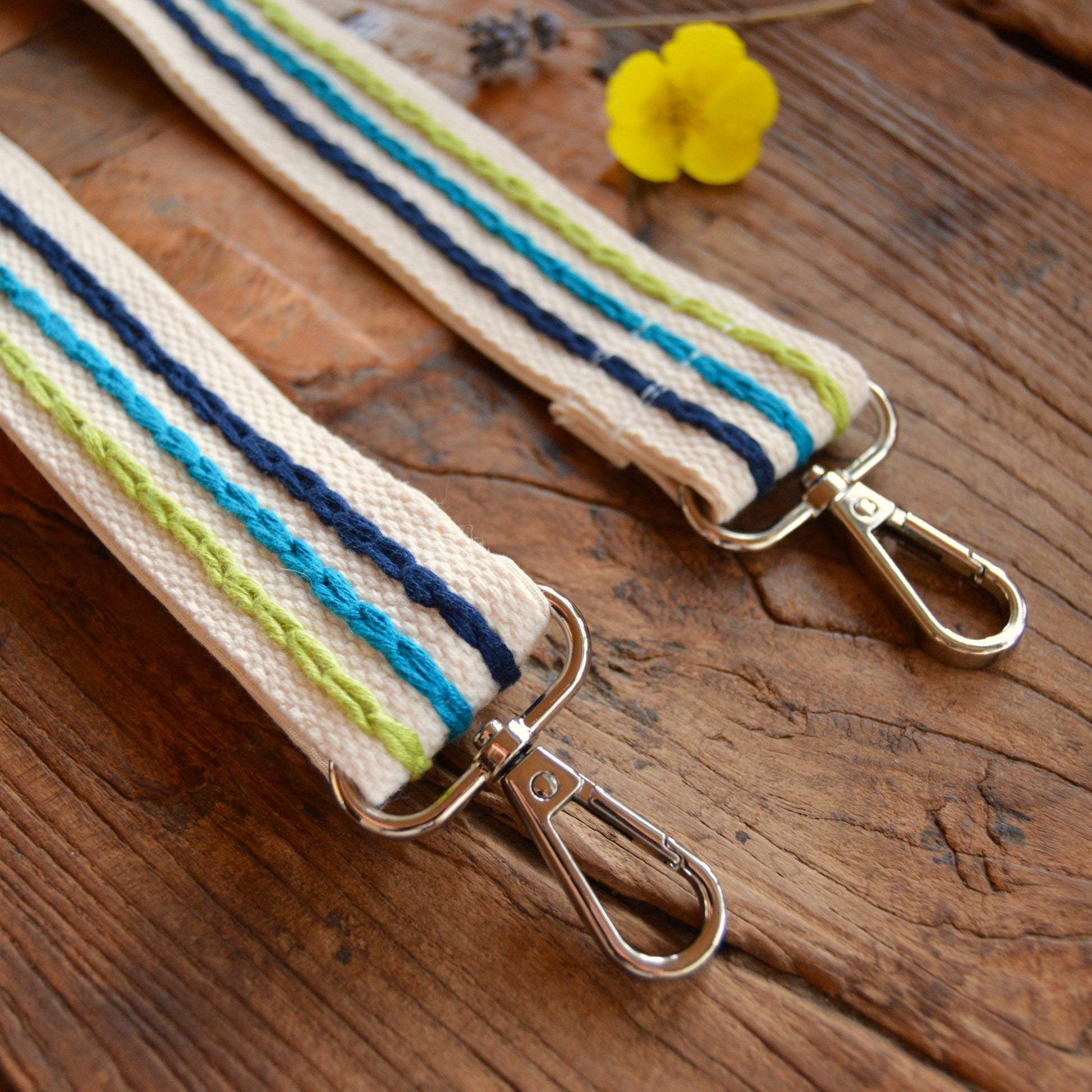 Colourful adjustable embroidery strap.