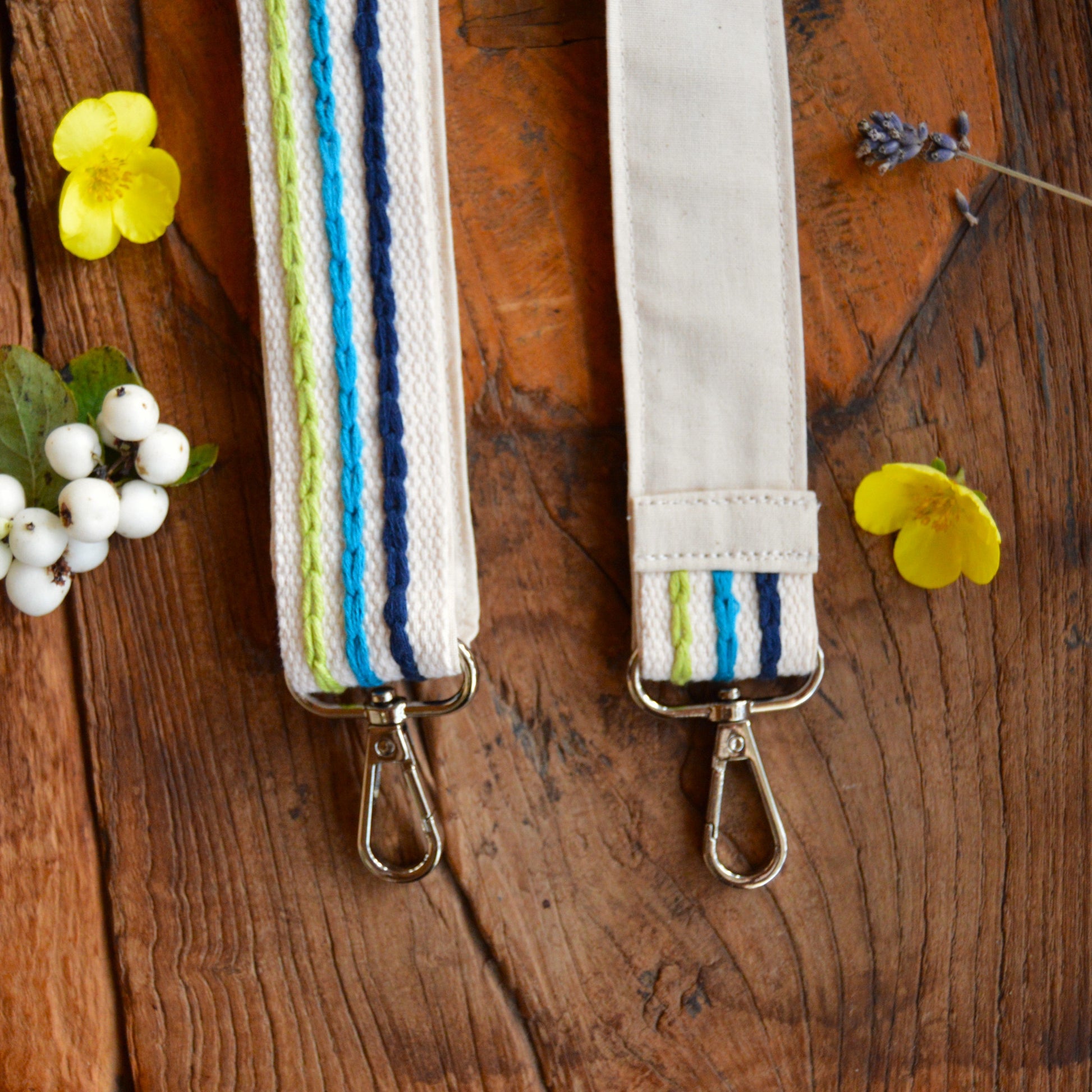 Colourful adjustable embroidery strap.