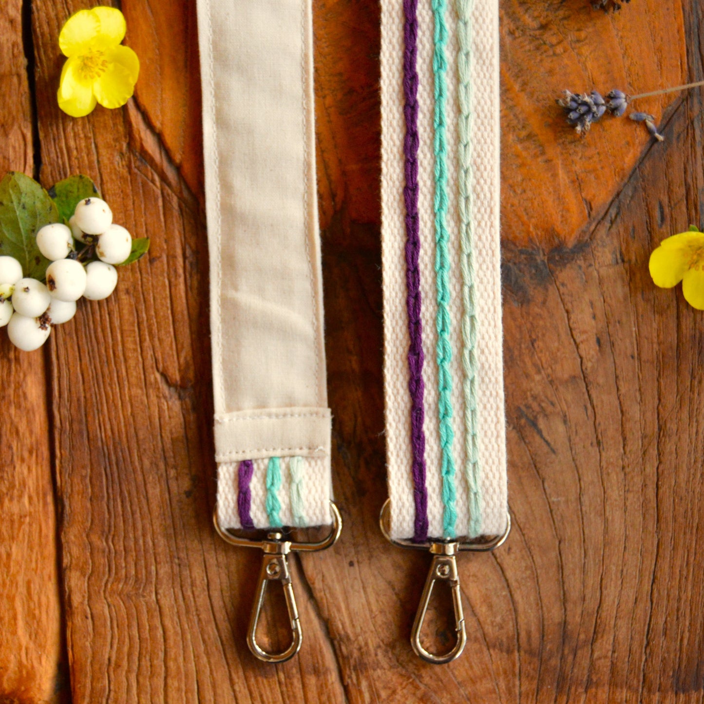 Colourful adjustable embroidered strap.