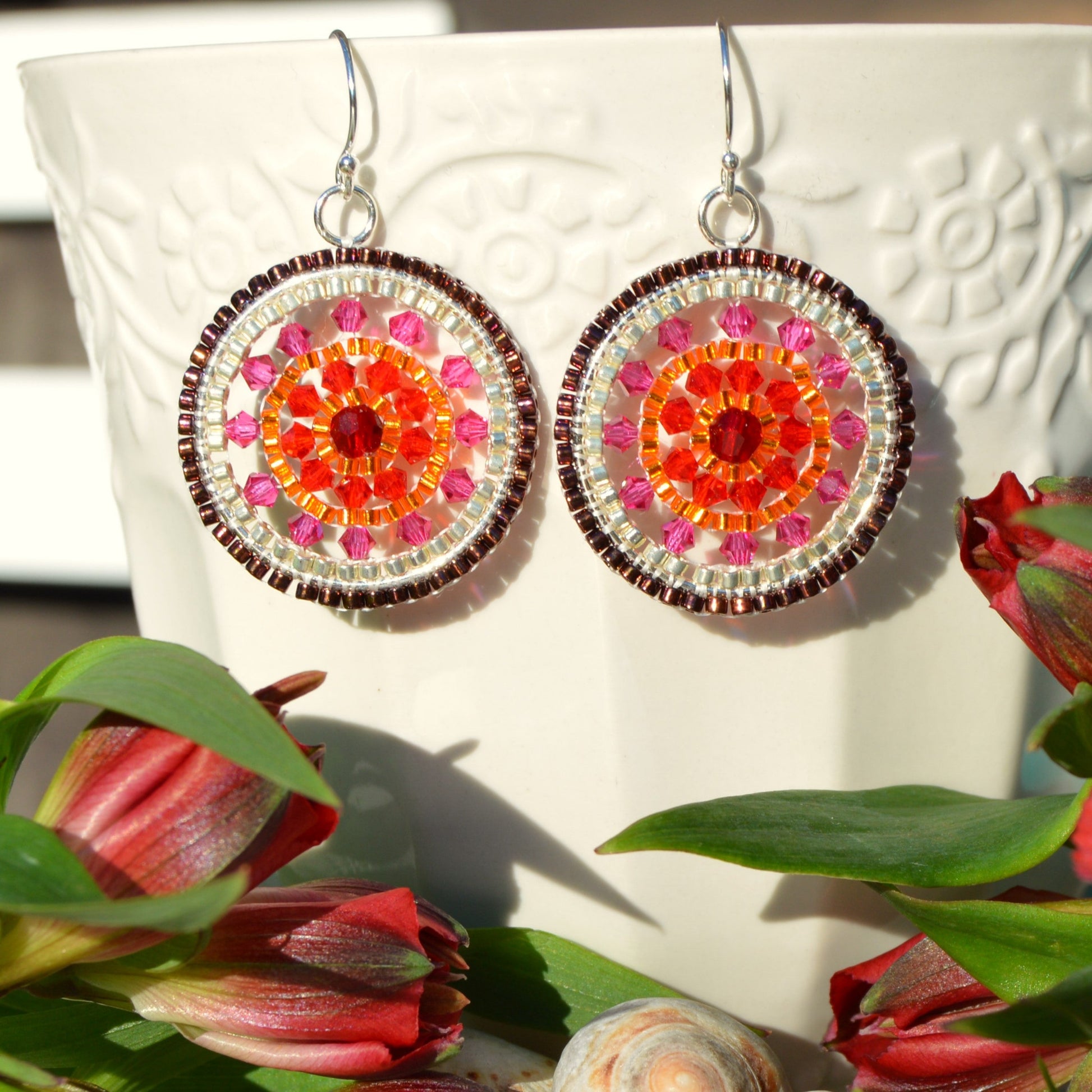 Woven sterling silver earrings with studs and Czech glass bicones and crystals. 