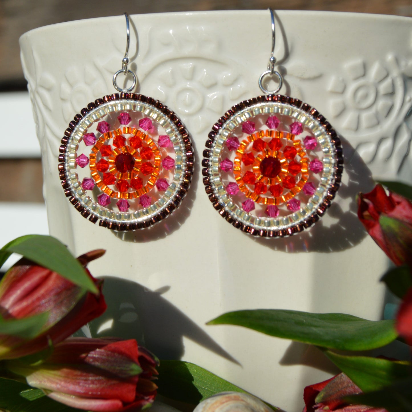 Woven sterling silver earrings with studs and Czech glass bicones and crystals. 