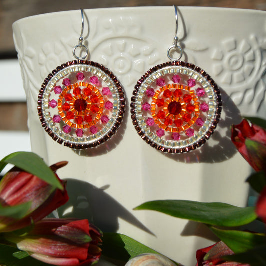 Woven sterling silver earrings with studs and Czech glass bicones and crystals. 