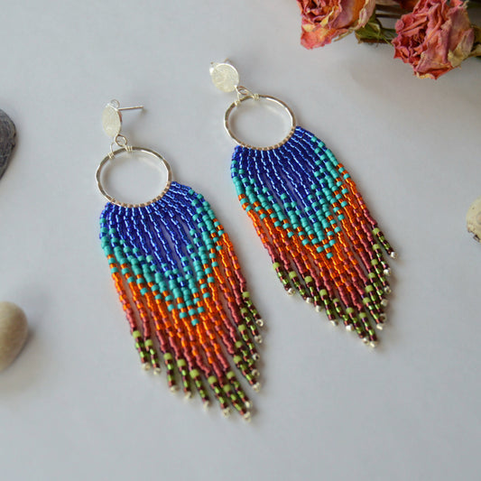 Woven Fringe Earrings - Blue & Orange