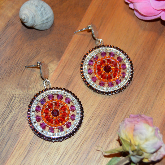 Sterling Silver Woven Glass Earrings with Ear Studs - Pink & Orange