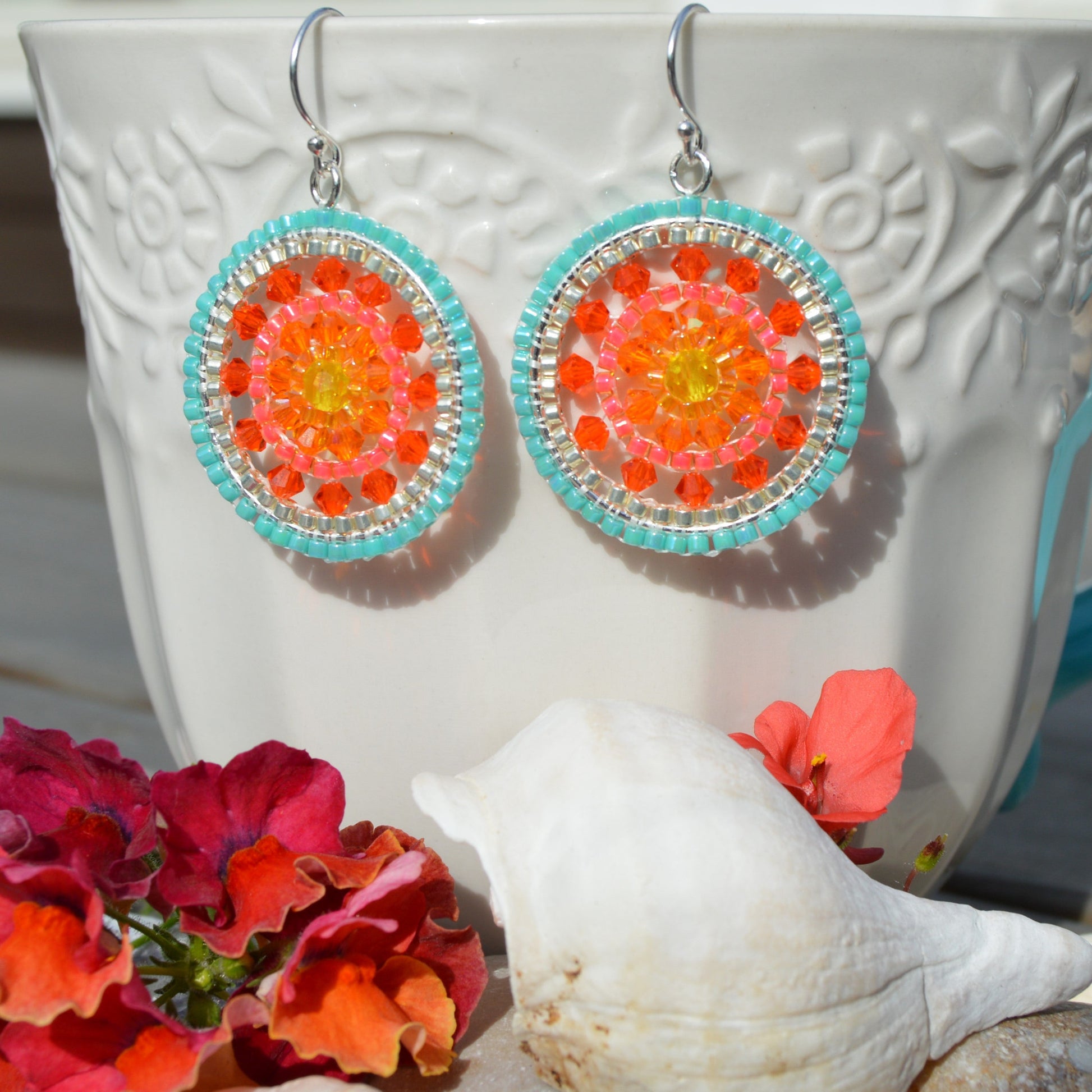 Sterling silver woven earrings with Czech faceted bicones and crystals. Sunny days.