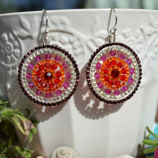 Sterling silver woven hoops with Czech glass beads and seed beads.