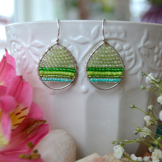 Sterling Silver Drop Earrings wire-wrapped with Olivine Gemstones & glass seed beads.