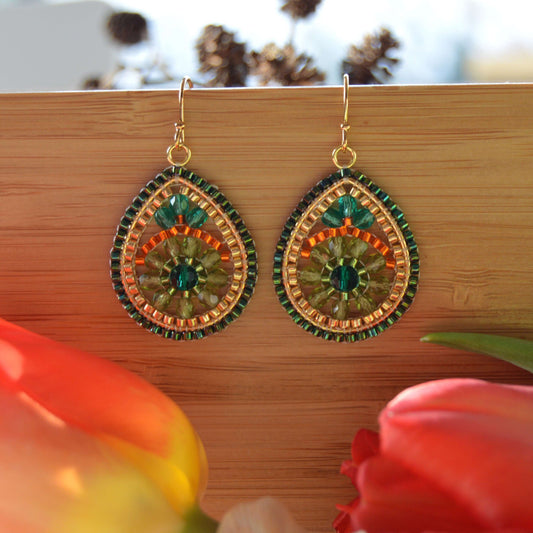 Woven gold-plated sterling silver drop earrings - Emerald.