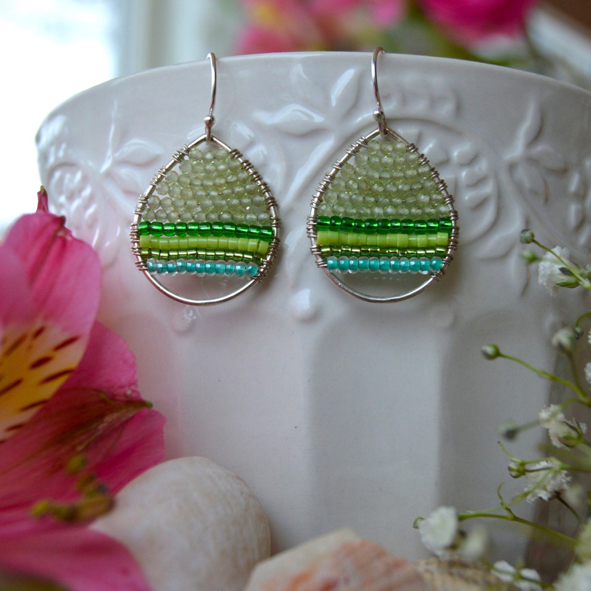 Sterling Silver Drop Earrings wire-wrapped with Olivine Gemstones & glass seed beads.