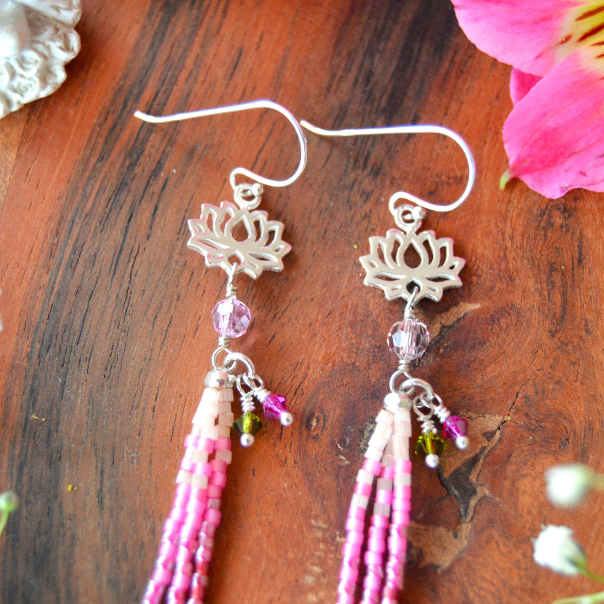 Sterling Silver Fringe Earrings Lotus - pink