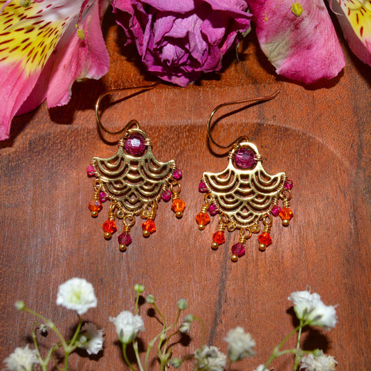Gold-plated Sterling Silver Earrings Boho Chic - Waterfall - Cerise & Orange.