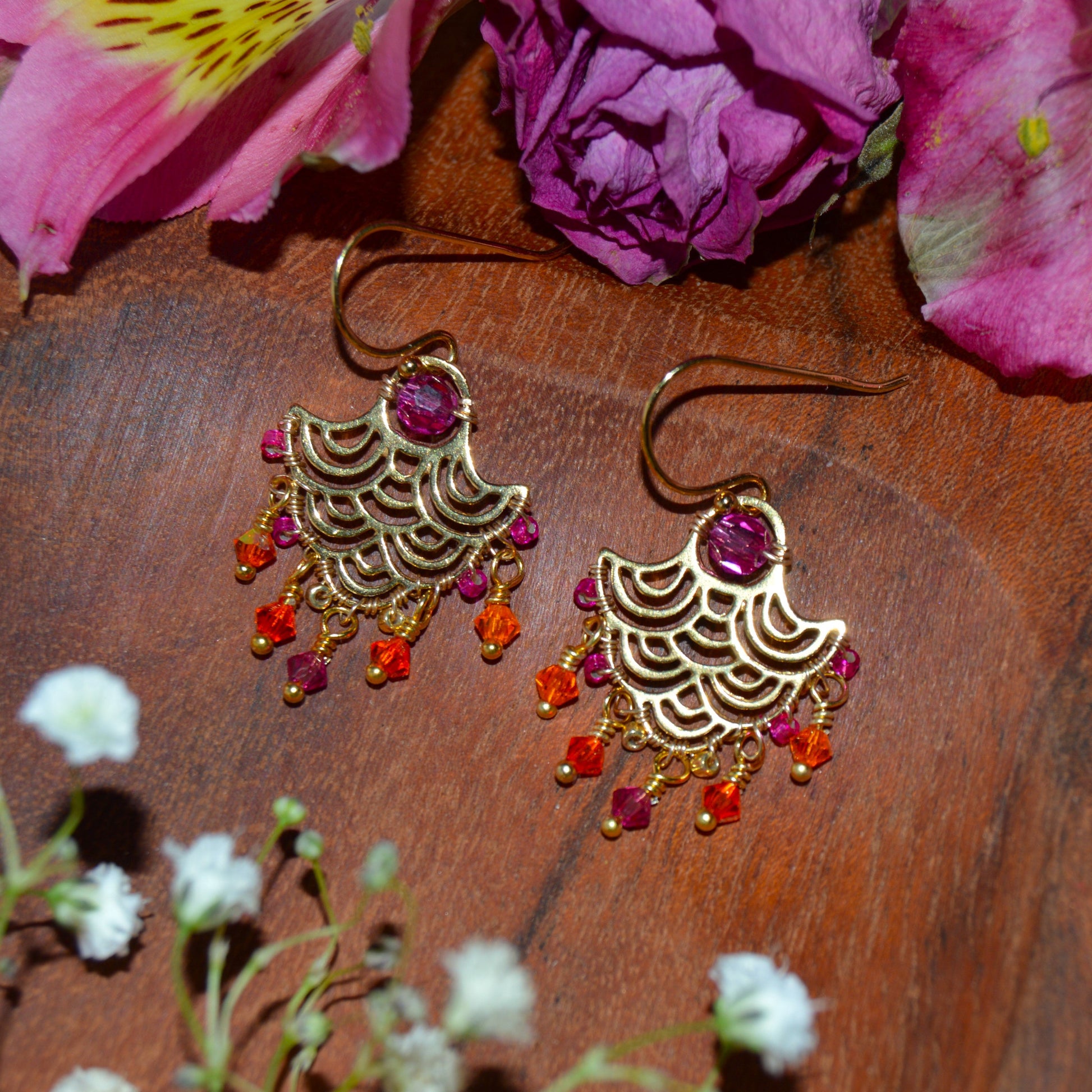 Gold-plated Sterling Silver Earrings Boho Chic - Waterfall - Cerise & Orange