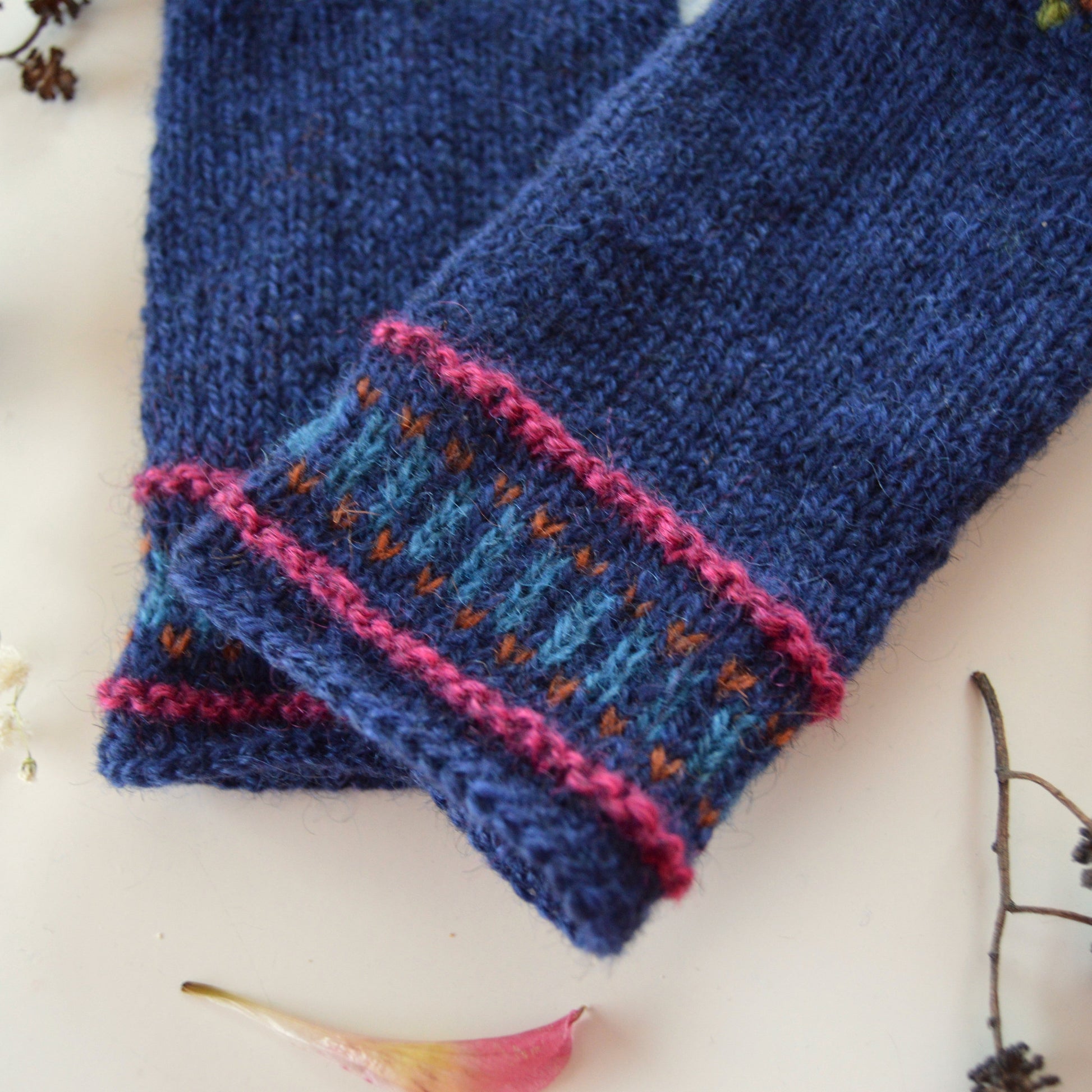 Blue Crochet Flowers pulse warmers in 100% Norwegian Wool with crochet details.