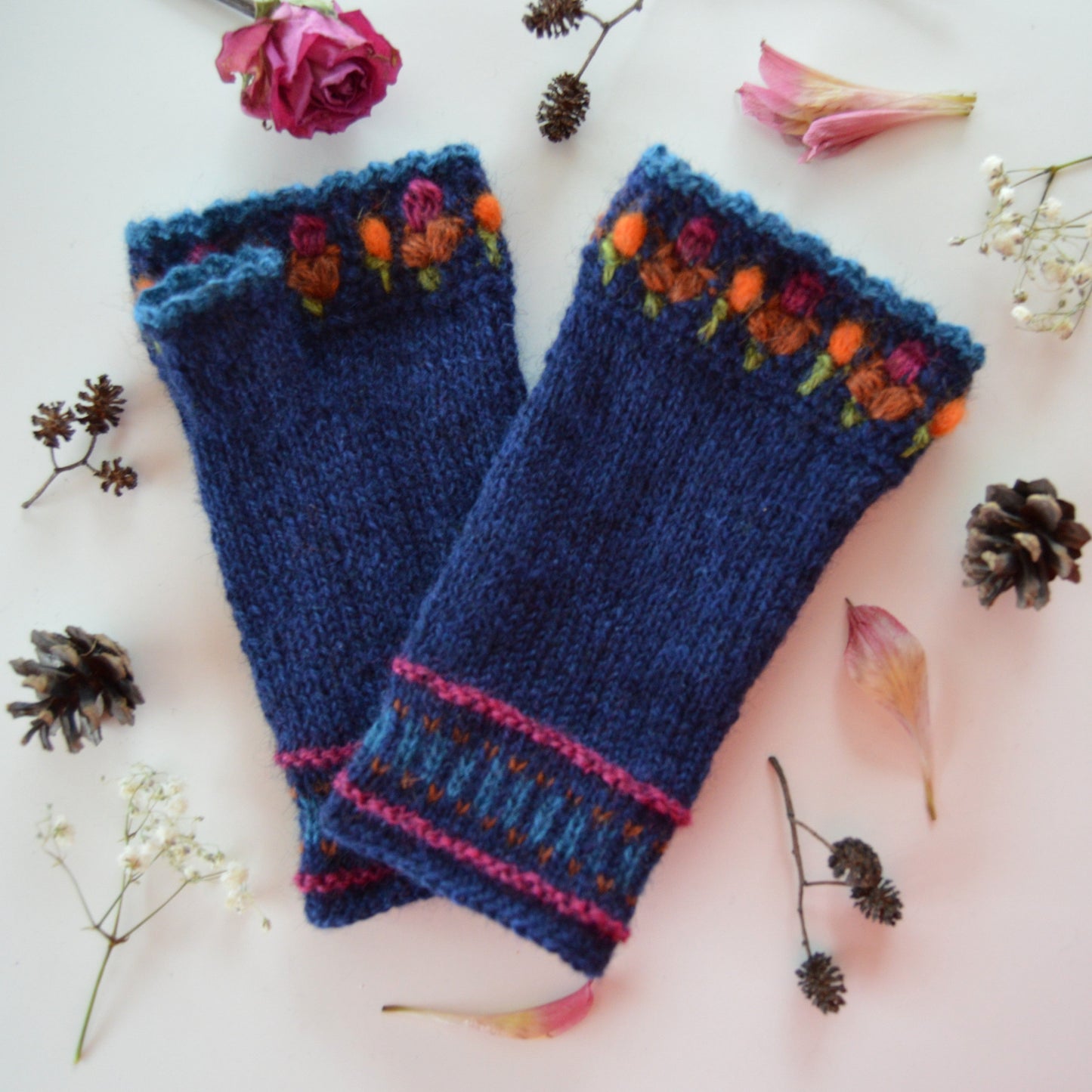 Blue Crochet Flowers pulse warmers in 100% Norwegian Wool with crochet details.