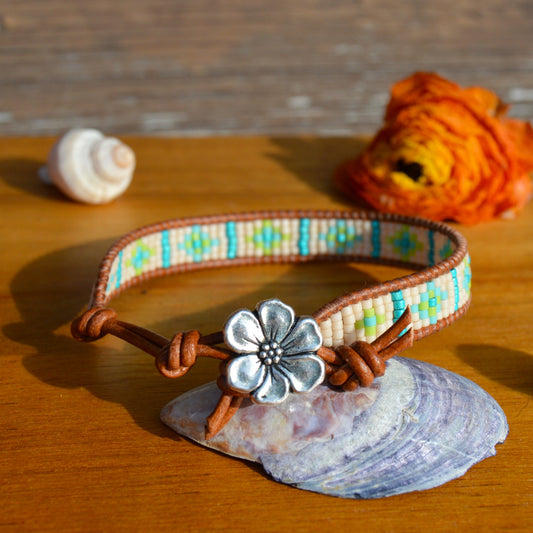 Woven seed beads leather wrap bracelet. 