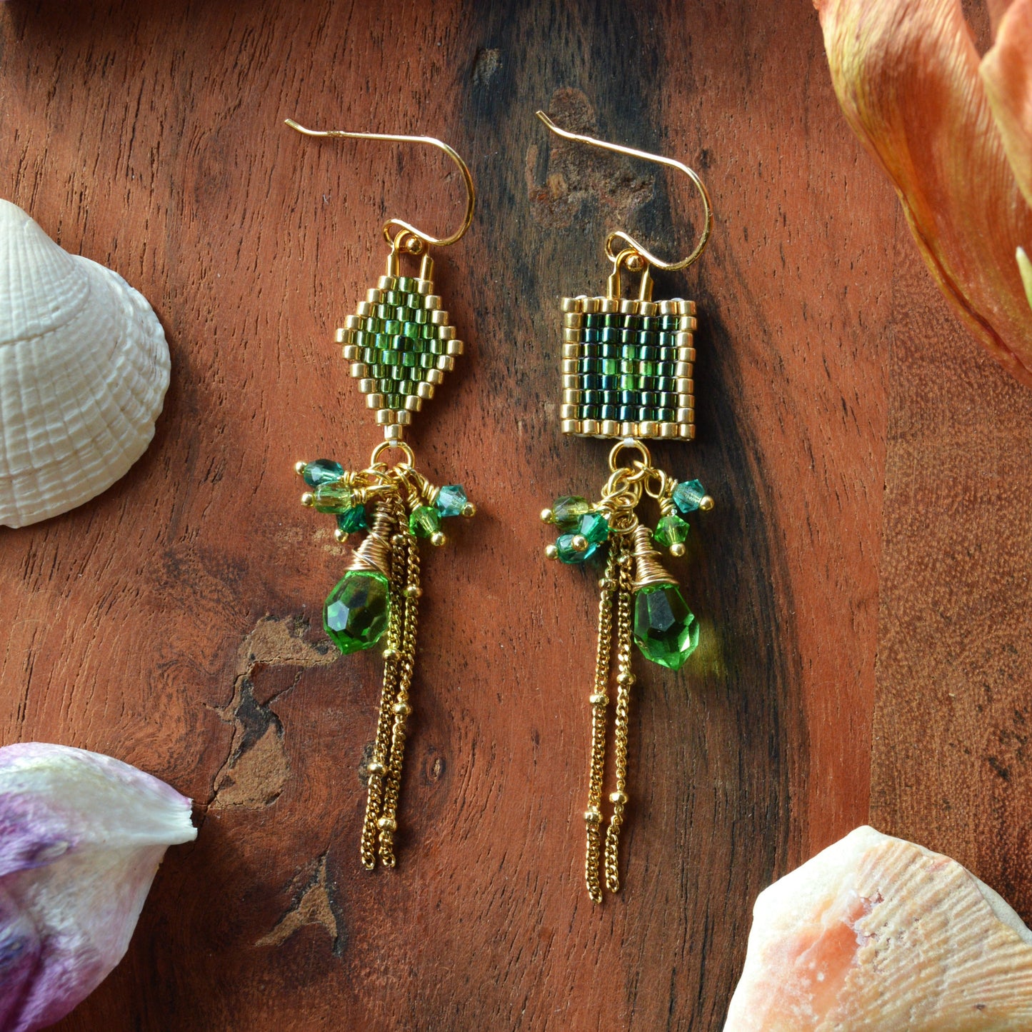 Woven earrings combined with Czech faceted glass beads and gold-plated sterling silver. 