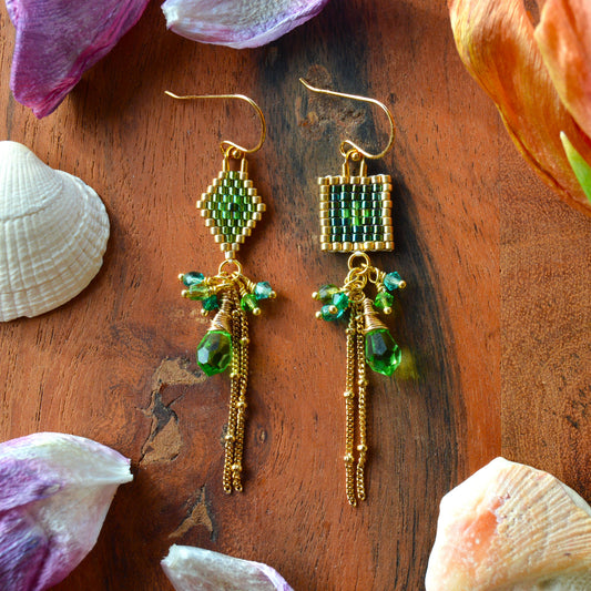 Woven earrings combined with Czech faceted glass beads and gold-plated sterling silver. 