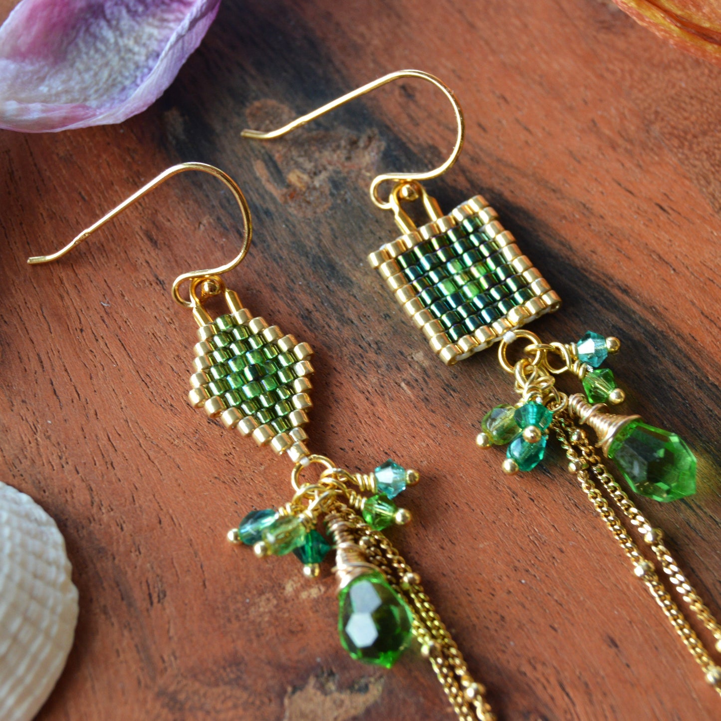 Woven earrings combined with Czech faceted glass beads and gold-plated sterling silver. 