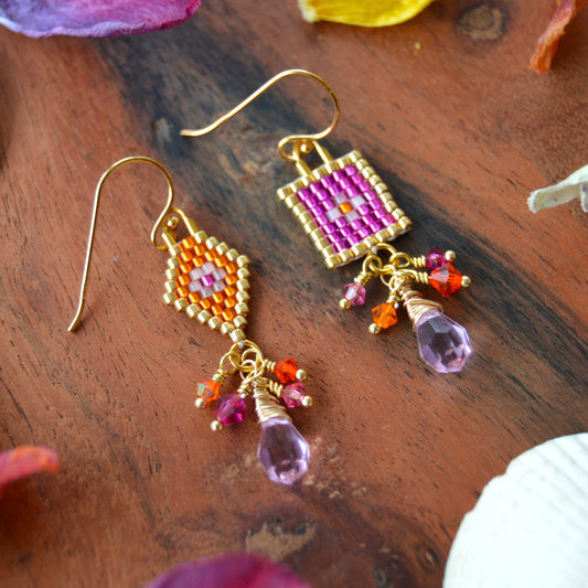Woven earrings combined with Czech faceted glass beads and gold-plated sterling silver. 